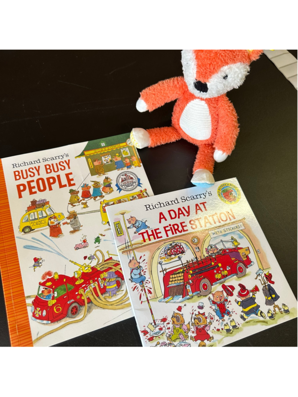 Richard Scarry 2 Book + Fox Plush Bundle Busy Busy People Fire Station Kids